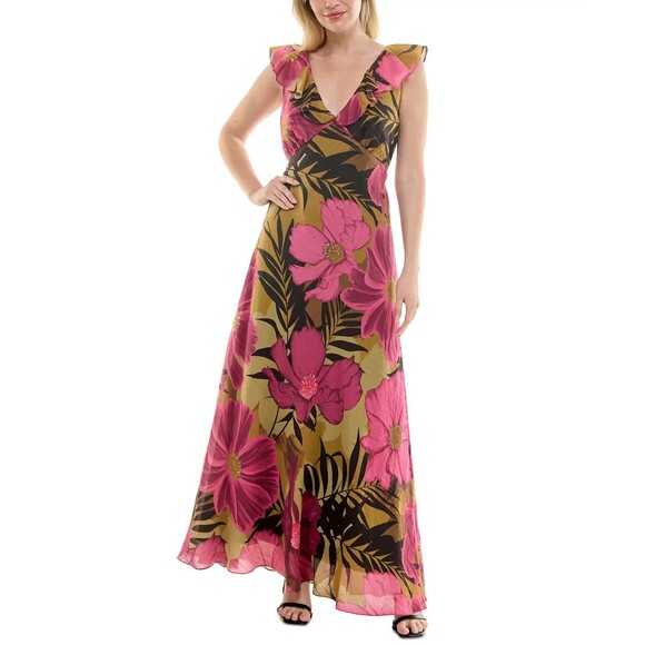 Taylor Dresses & Skirts - Taylor Women's Ruffled V-Neck Sleeveless A-Line Maxi Dress Taupe Fuchsia Size 2